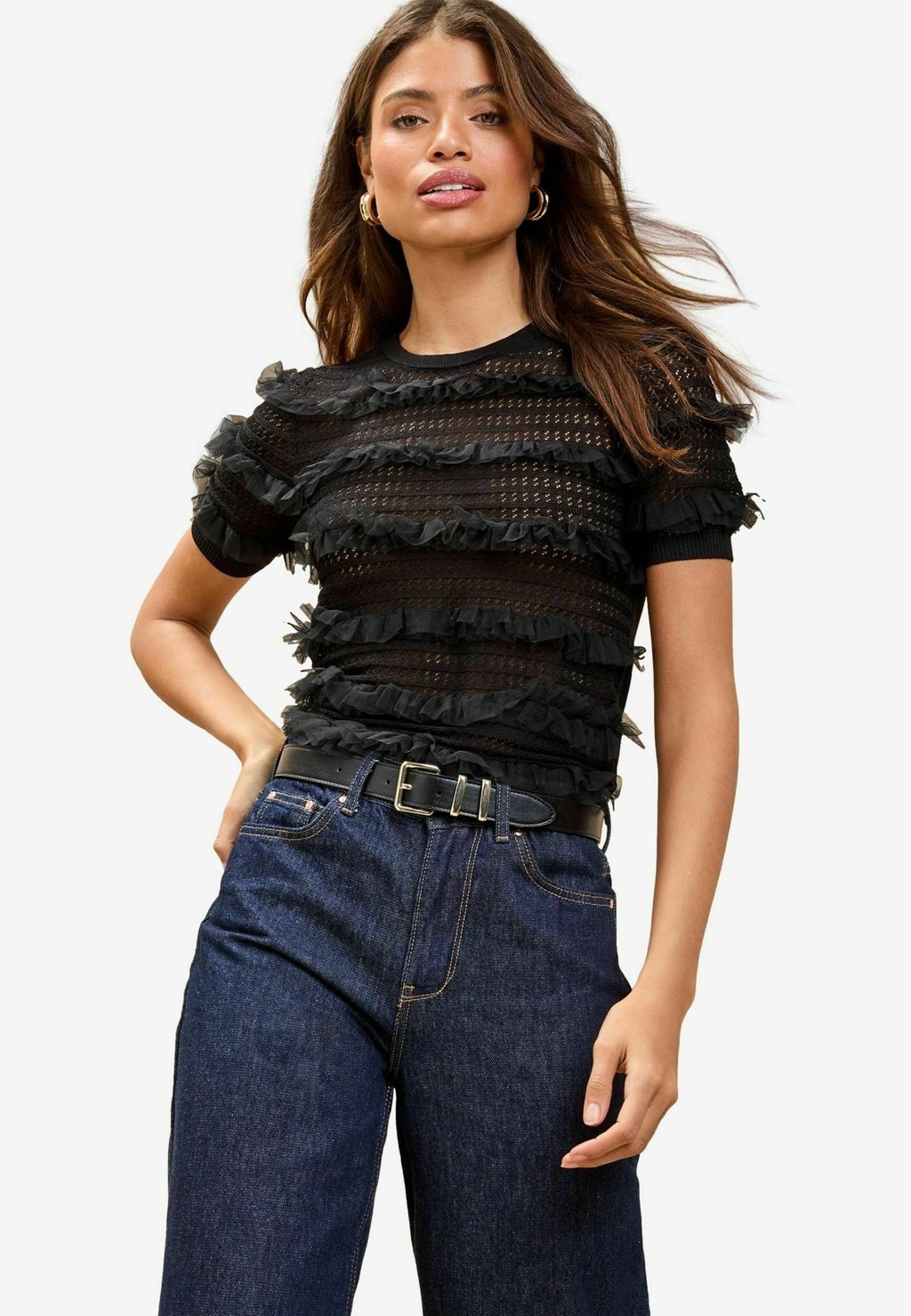 

Футболка с принтом POINTELLE STITCH RUFFLE FRILL SHORT SLEEVE CREW NECK Lipsy, черный