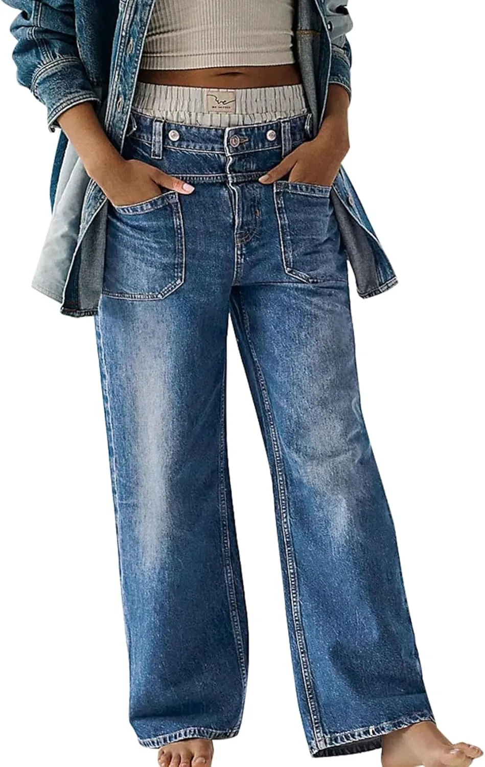 

Женские джинсы Wide Leg Mid Waisted Stretchy Straight Leg Palmer с карманами EZAPINE