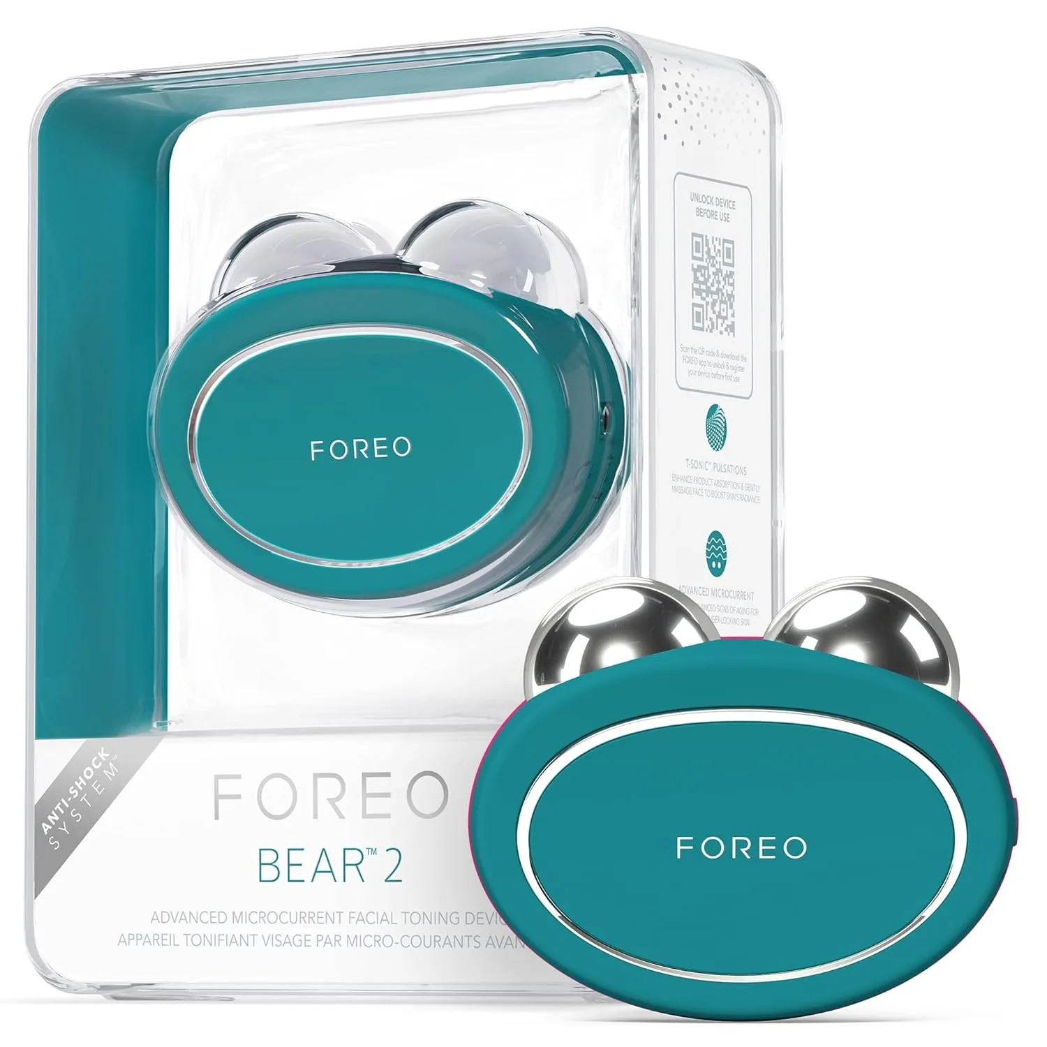 Foreo Bear 2 Advanced - микротоковое устройство для лифтинга и тонизирования лица, контурная модель для упругости кожи, улучшает впитывание уходовых средств, цвет Evergreen, Evergreen