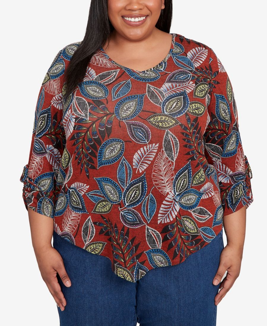 

Асимметричный топ большого размера Sunset Canyon Batik Leaves Mélange из батика с листьями Alfred Dunner, Spice Multi