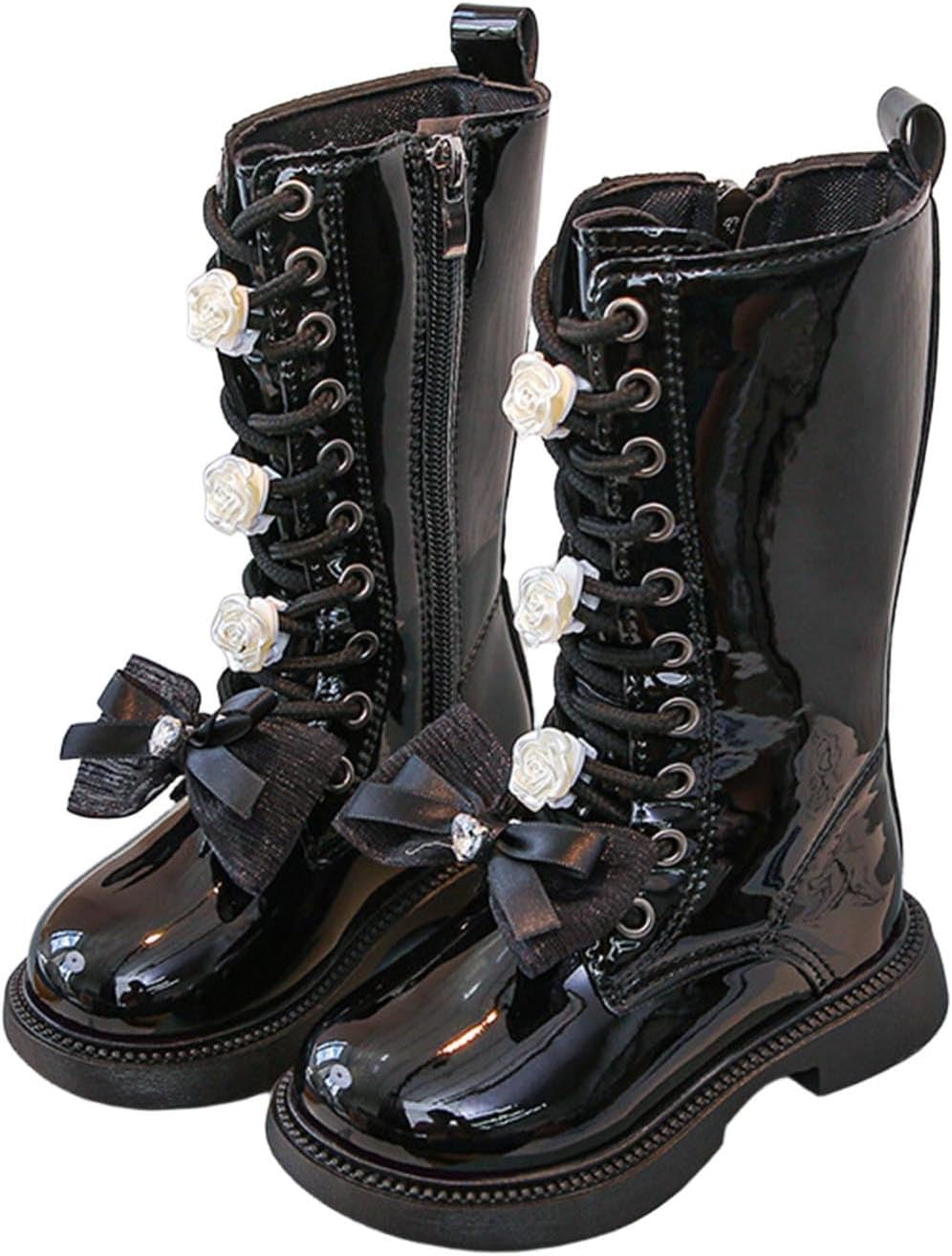 

Девочковые блестящие сапоги до середины икры, с верхом из искусственной кожи, шнуровкой, модные боевые сапоги с милым бантом, цветочным украшением и боковой молнией Generic, Black
