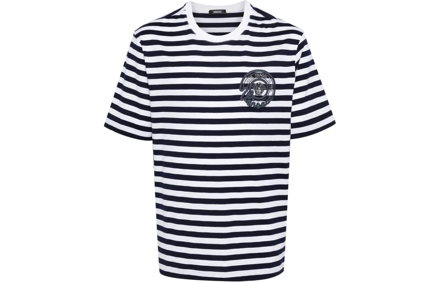

Полосатая футболка с круглым вырезом VERSACE, морской синий