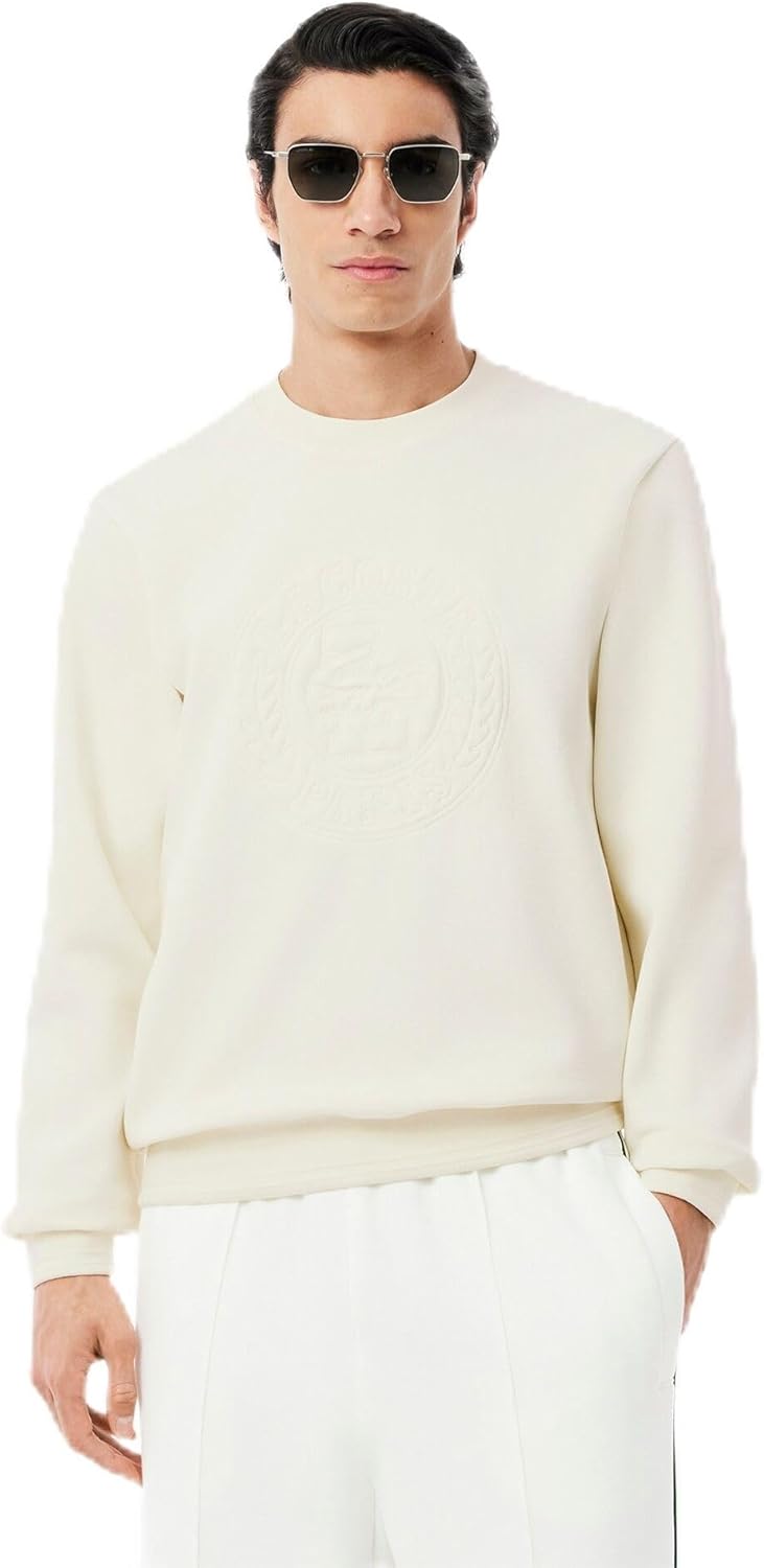 

Мужская официальная толстовка LACOSTE с двусторонним круглым вырезом и вышивкой лавровым узором в тон, белый