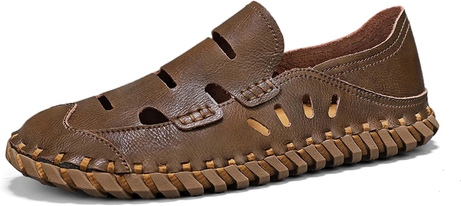 

Мужские сандалии премиум-класса из кожи, застежка без шнуровки, мягкие, не скользят, износостойкие, ручная прошивка, с отверстиями, дышащие, модные повседневные мужские сандалии Generic, коричневый