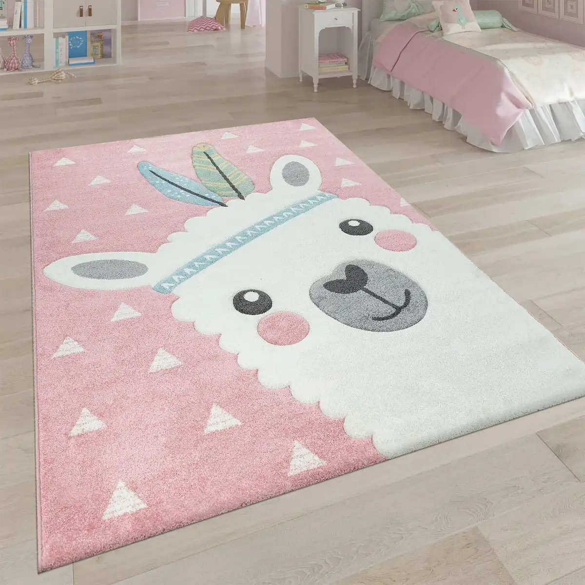 

Детский ковер Paco Home "Ela 214", прямоугольный, 3D дизайн, мотив ламы, пастельные тона, детская комната 140х200 см, розовый