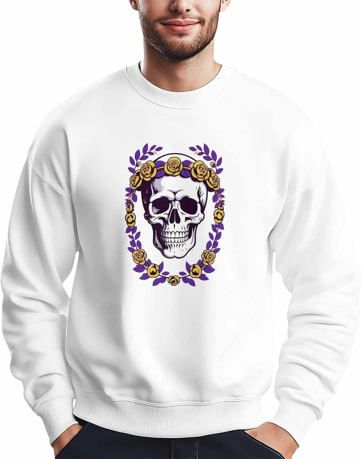 

Мужской свитшот с принтом "Scary Skull" и желто-фиолетовыми цветами, Crewneck, Long Sleeve Winvebermior