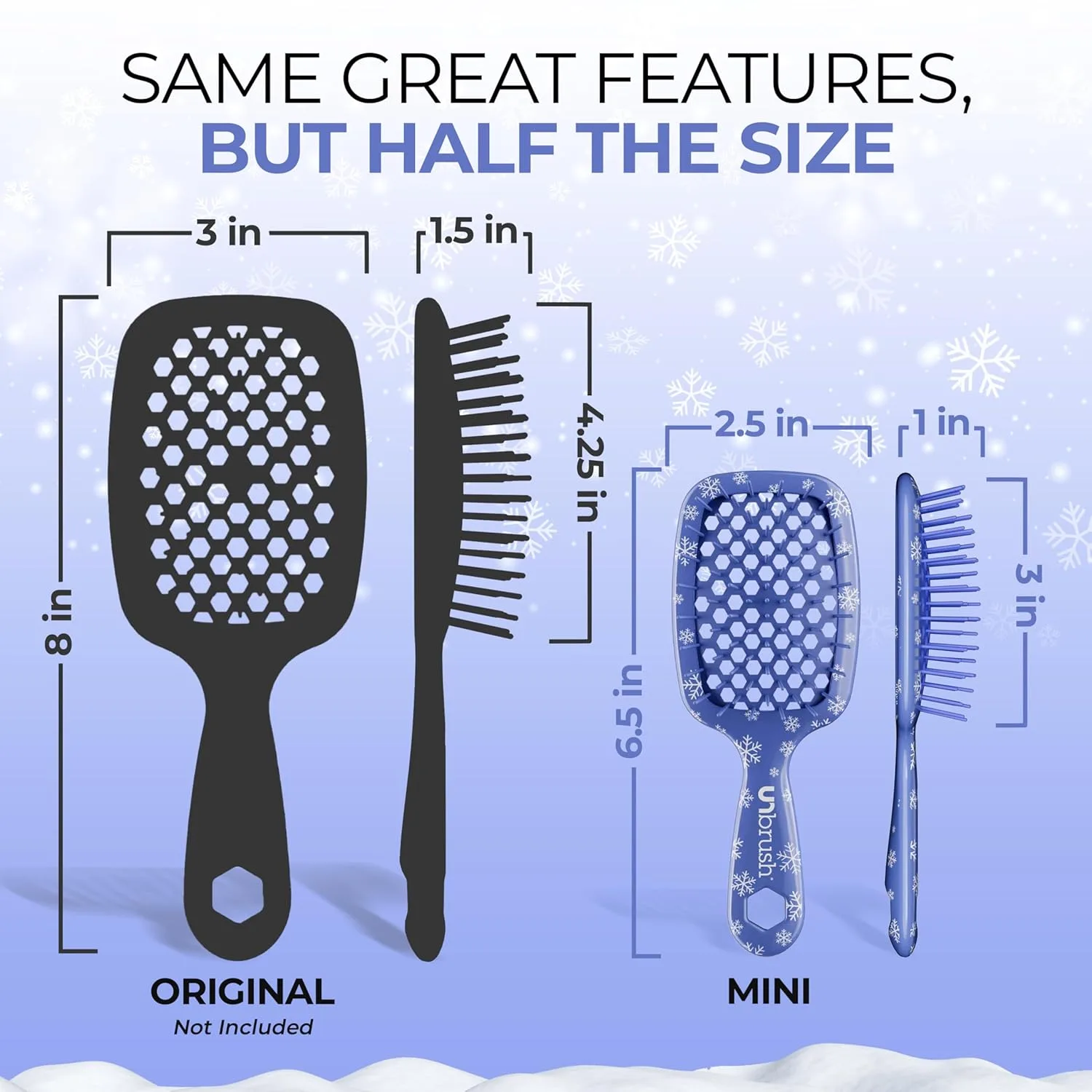 Мини-щетка для волос UNbrush Mini Holiday Hair Brush для безболезненного расчесывания всех типов влажных и сухих волос. Fhi Heat, Frosty Blue - Snowflakes — фото 4