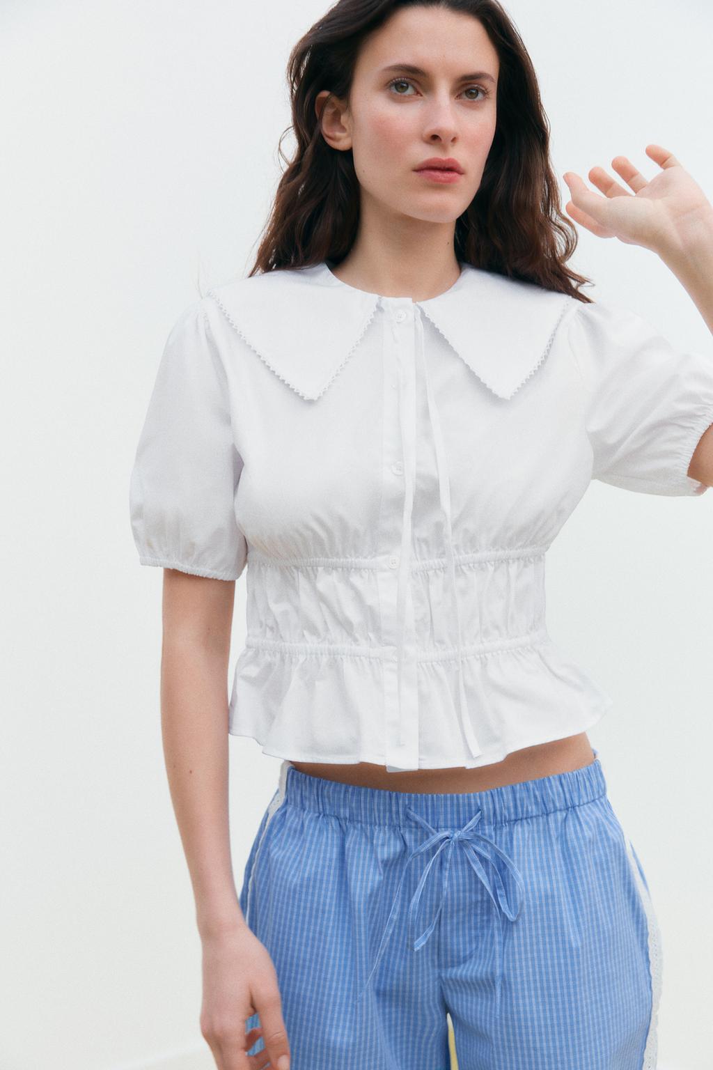 

Габардиновая рубашка с эластичной отделкой ZARA, белый