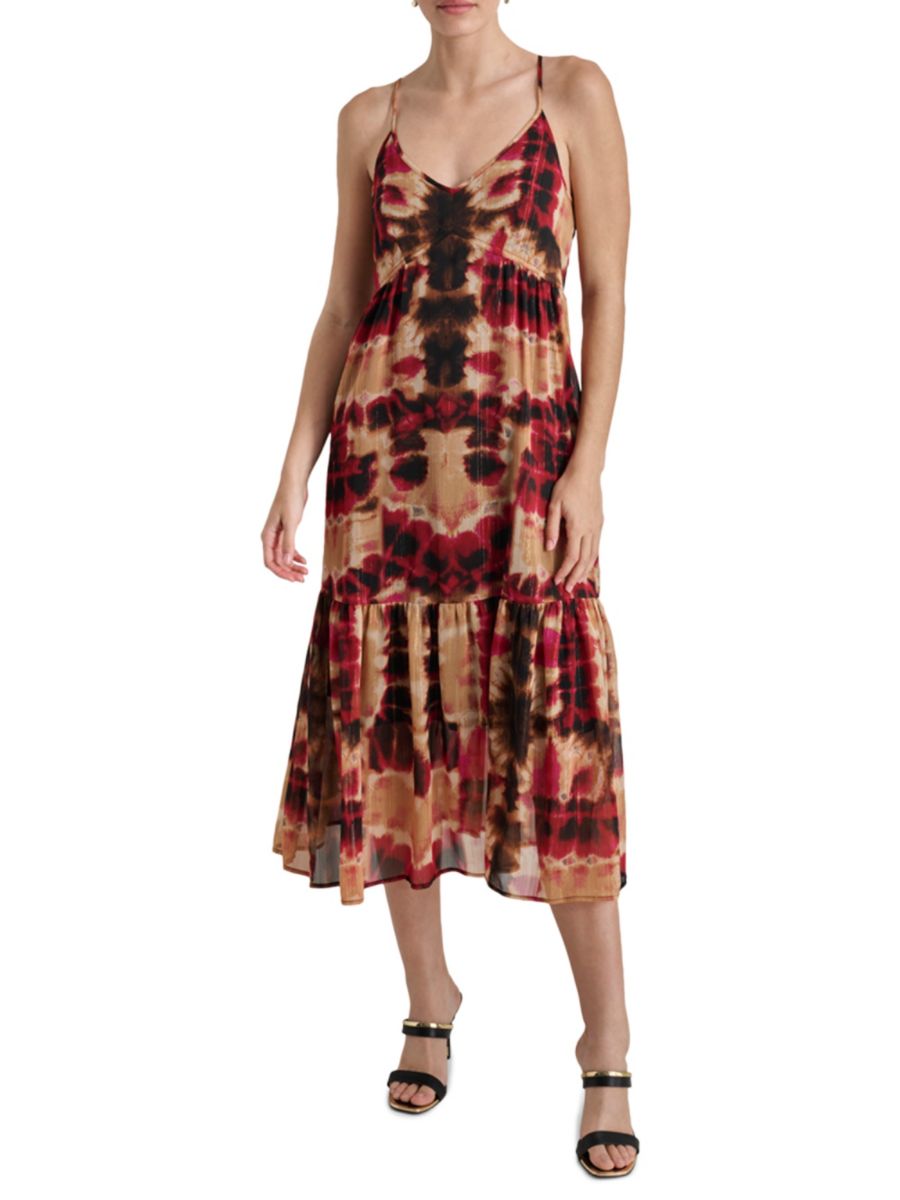 

Платье миди из жатого шифона с принтом и люрексом DKNY, цвет Redplaid Inkblue