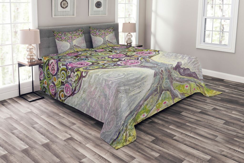 

ABAKUHAUS Комплект покрывала «Древо жизни», Spring Love Universe, комплект с моющимися наволочками, для односпальных кроватей 264 x 220 см, зеленый, фиолетовый, розовый