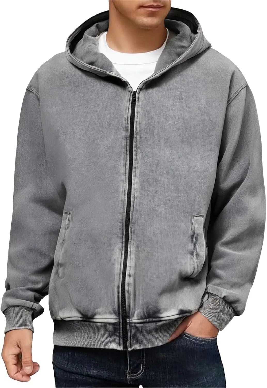 

Мужская худи с молнией ретро стирка длинный рукав осенний оверсайз свитшот CAOQAO