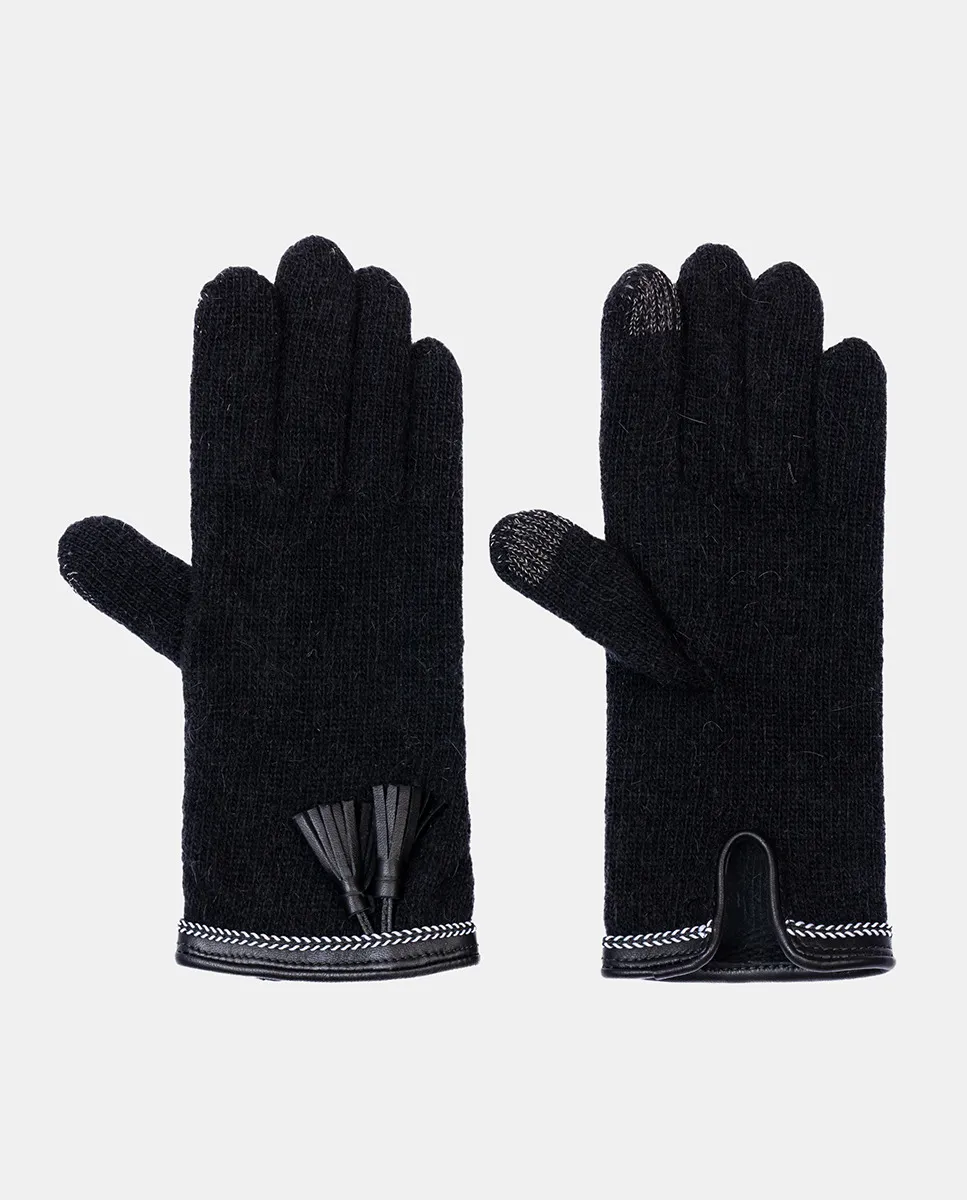 

Перчатки вязаные из шерсти с манжетами и кожаными бахромами Santacana, черный