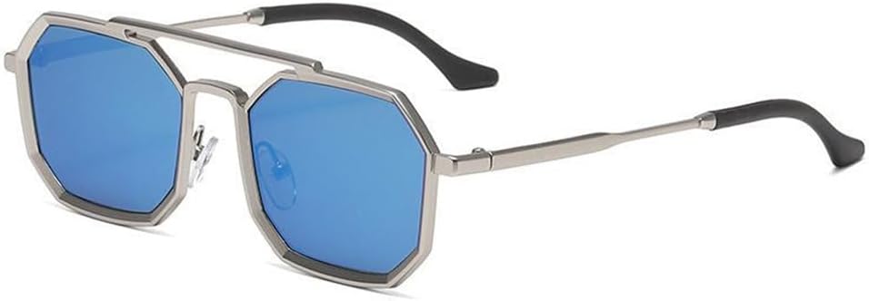 

Солнцезащитные очки в стиле стимпанк с двойной перемычкой для мужчин и женщин. Модные солнцезащитные очки для путешествий на открытом воздухе и уличного стиля PRSTNN, Silver Ice Blue