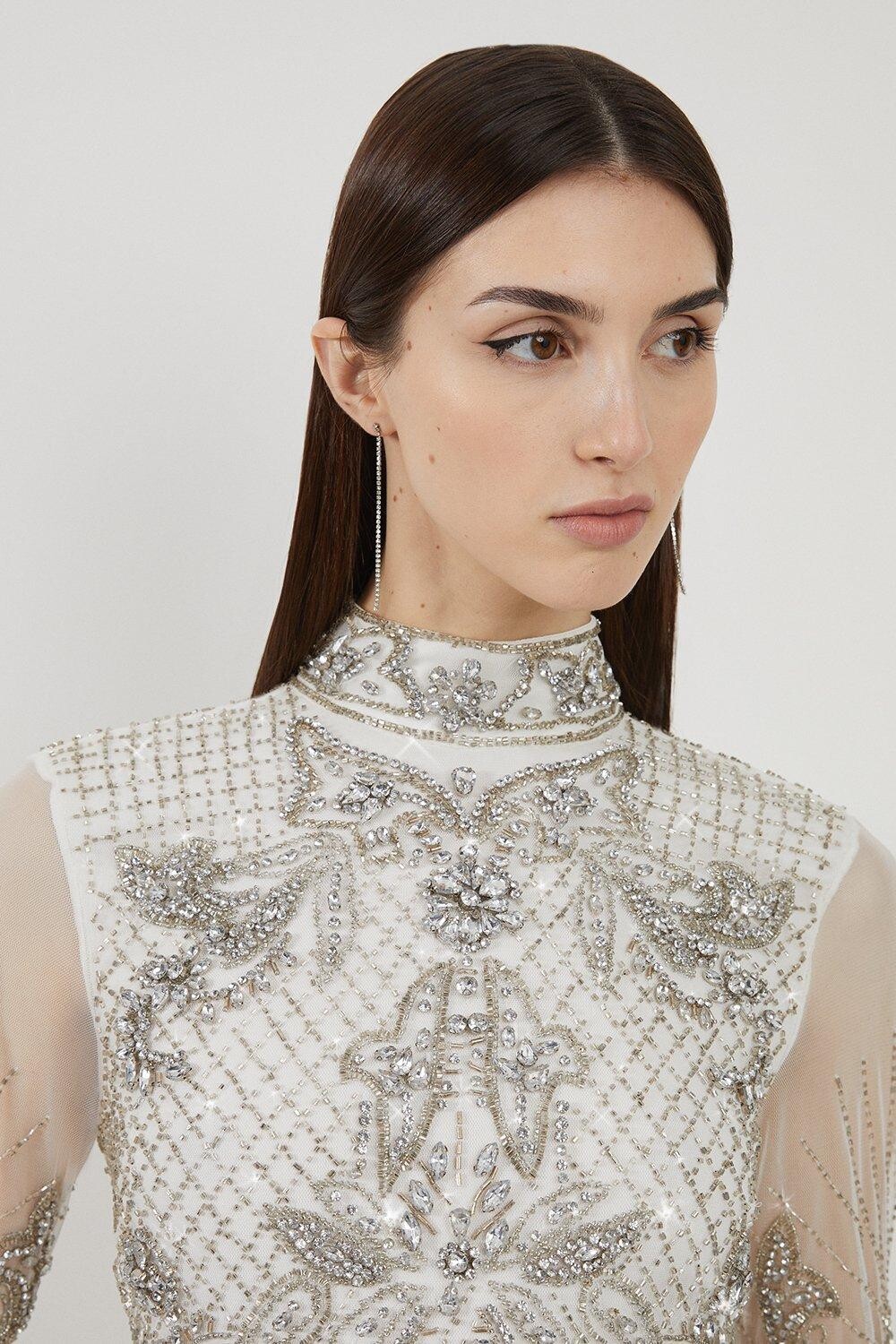 

Тканое платье макси с высоким воротником и длинными рукавами Karen Millen, белый