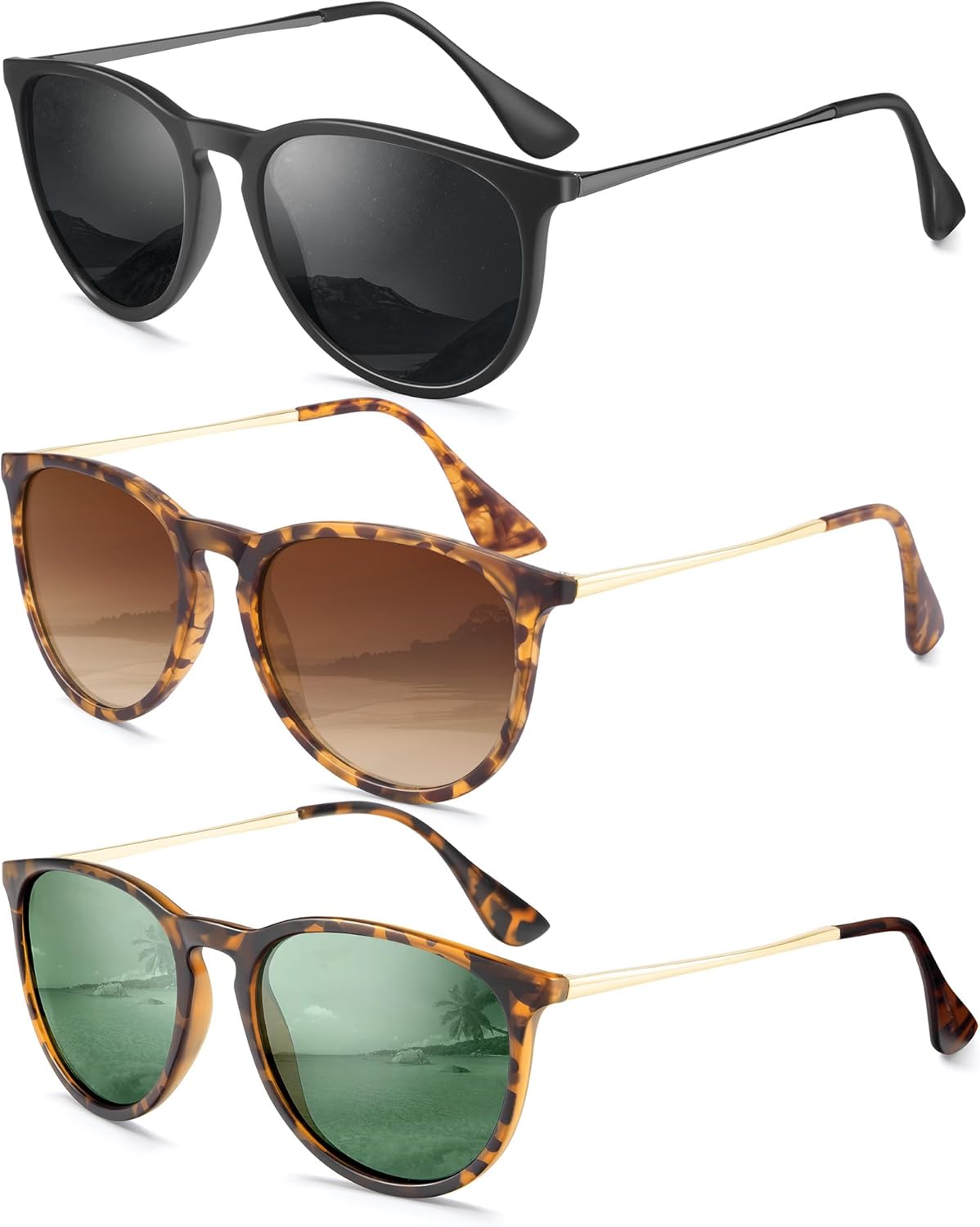 

Женские поляризованные солнцезащитные очки: ретро круглые солнцезащитные очки с защитой UV400, модный набор из 3 штук QALLY, Black/Grey + Matt Leopard/Gradient Brown + Matt Leopard/Dark Green