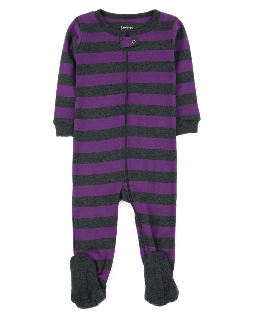 

Детская хлопковая полосатая праздничная пижама с закрытыми ножками Leveret, Purple & dark gray