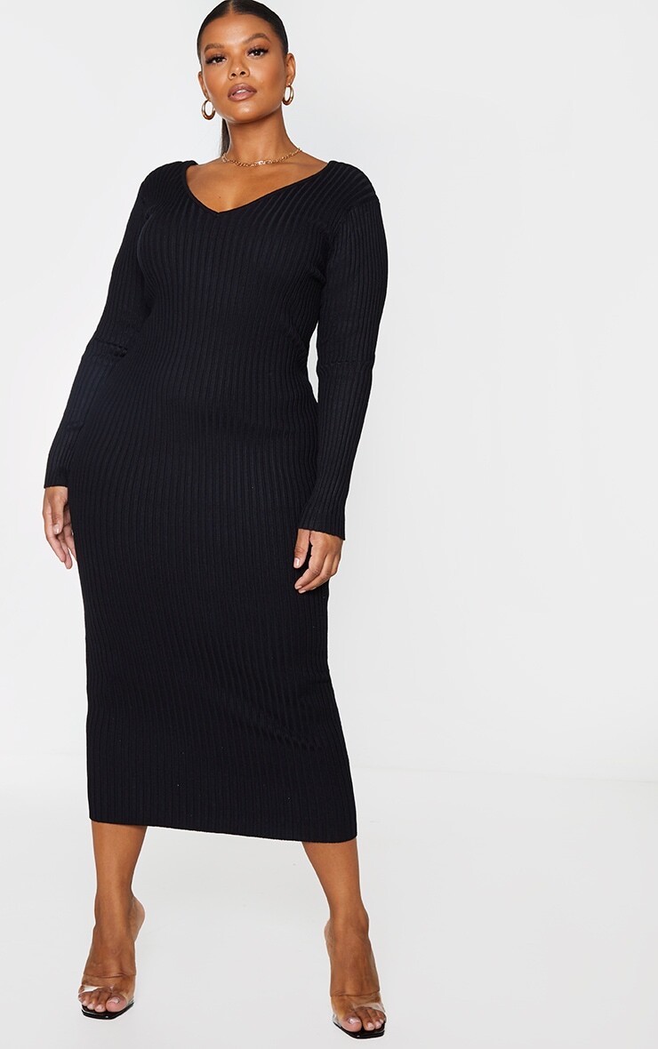 

PrettyLittleThing Черное трикотажное платье мидакси в рубчик с открытыми плечами и плюсом, Черный, PrettyLittleThing Черное трикотажное платье мидакси в рубчик с открытыми плечами и плюсом