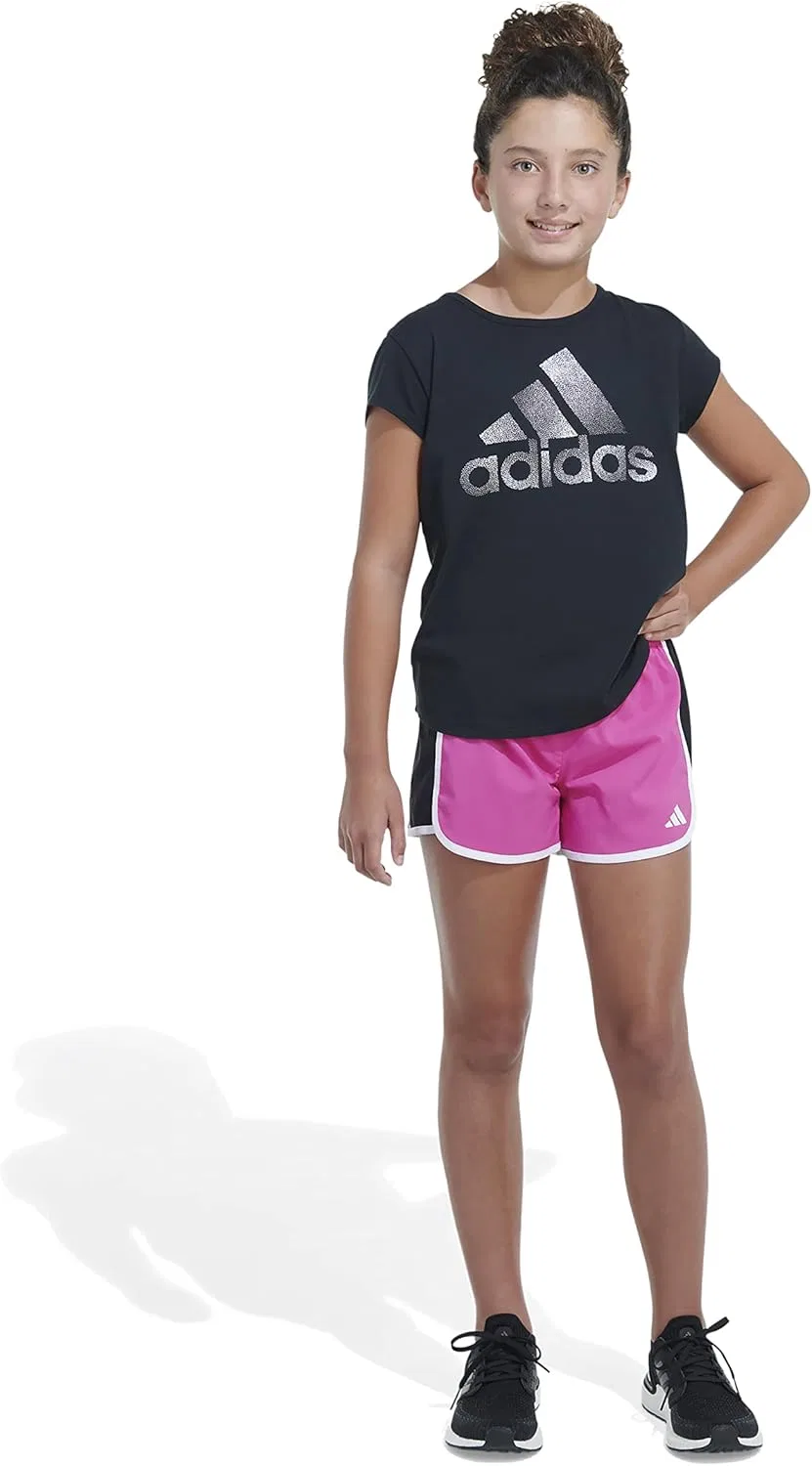 Детские шорты Adidas Pacer с эластичным поясом и цветными блоками, ярко-розовый — фото 3