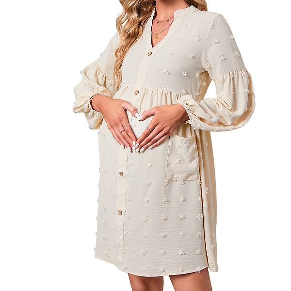 

Женское мини-платье для беременных с v-образным вырезом, длинными рукавами-фонариками и фактурным узором Elitespirit, Apricot