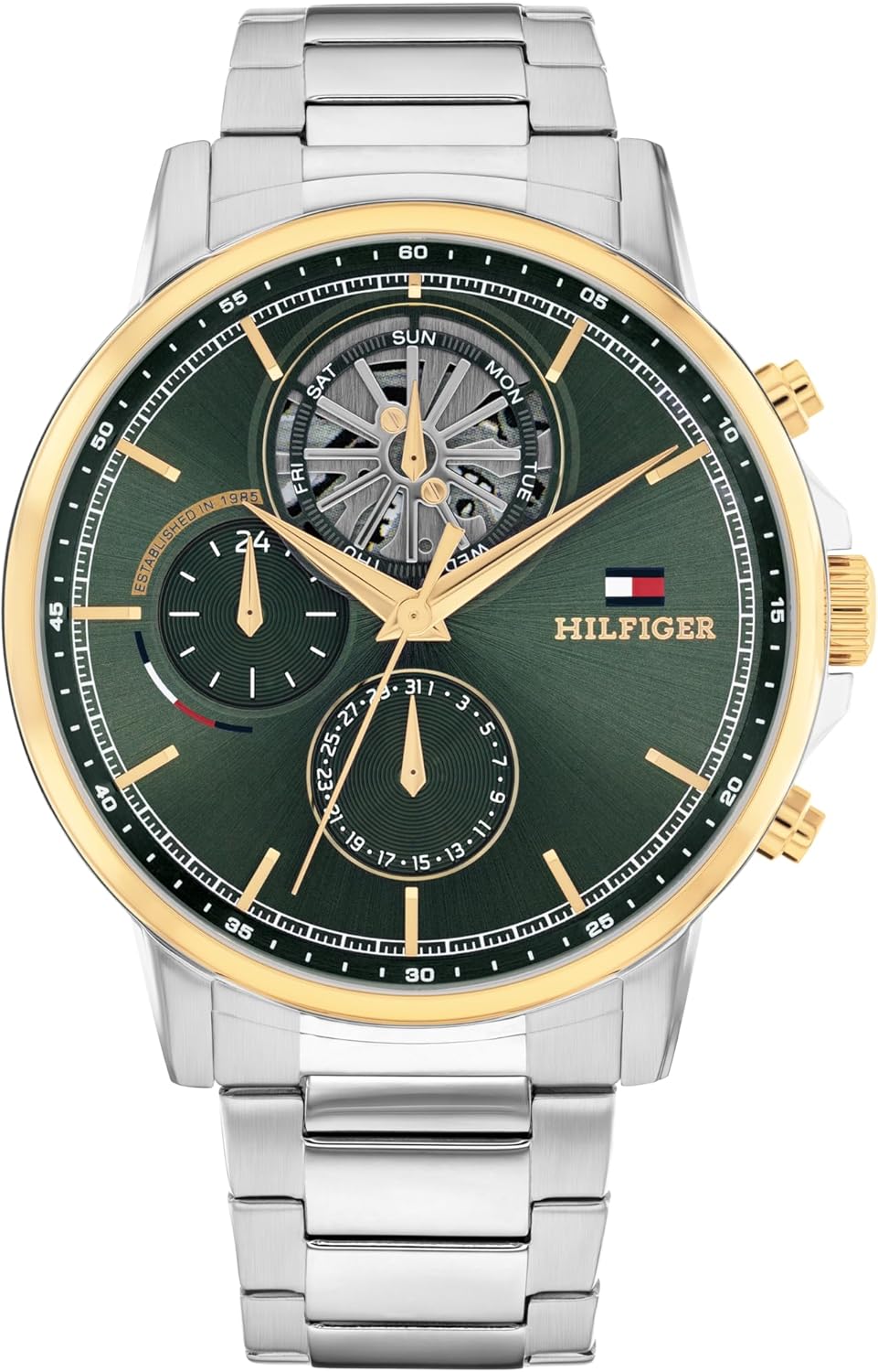 

Мужские многофункциональные кварцевые часы Tommy Hilfiger - корпус из нержавеющей стали 44 мм, двухслойный циферблат, звеньевой браслет, дизайн в стиле скелетона - подарок для него, Green, Прозрачный, Мужские многофункциональные кварцевые часы Tommy Hilfi