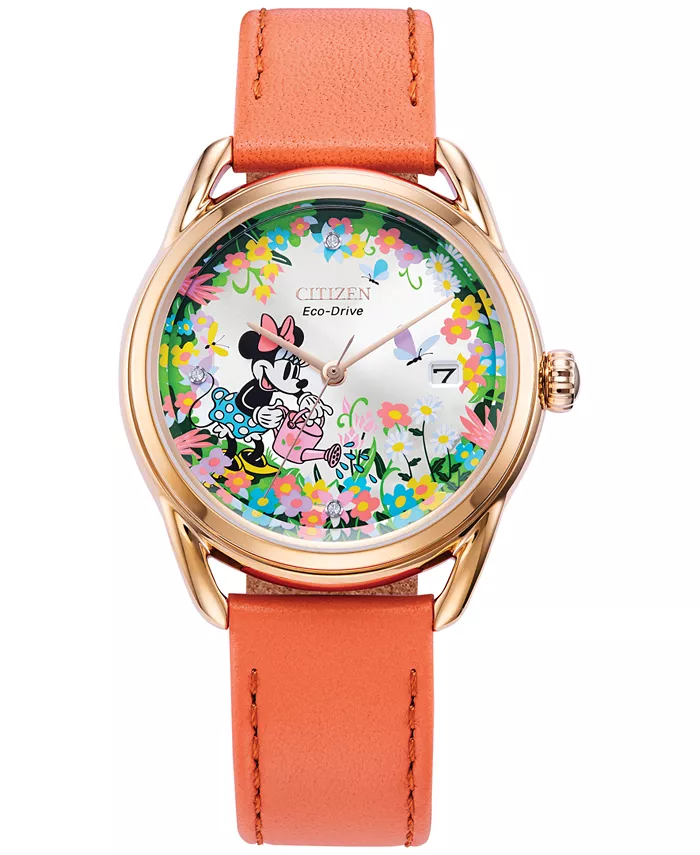 

Женские часы Eco-Drive Disney Minnie Mouse с бриллиантовыми вставками на розовом кожаном ремешке, 36 мм Citizen