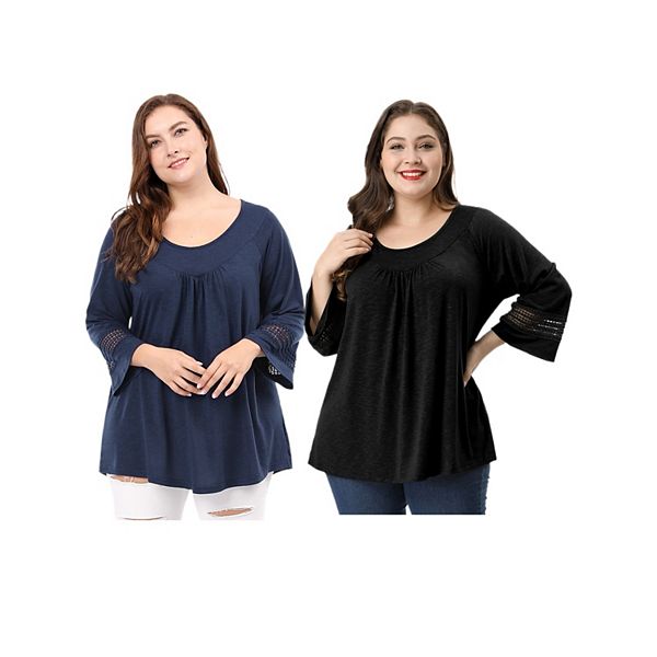 

2 шт женские топы plus size с длинным рукавом, рубашки с кружевной вставкой, плиссированные туники, футболки и блузки Agnes Orinda, Black Blue