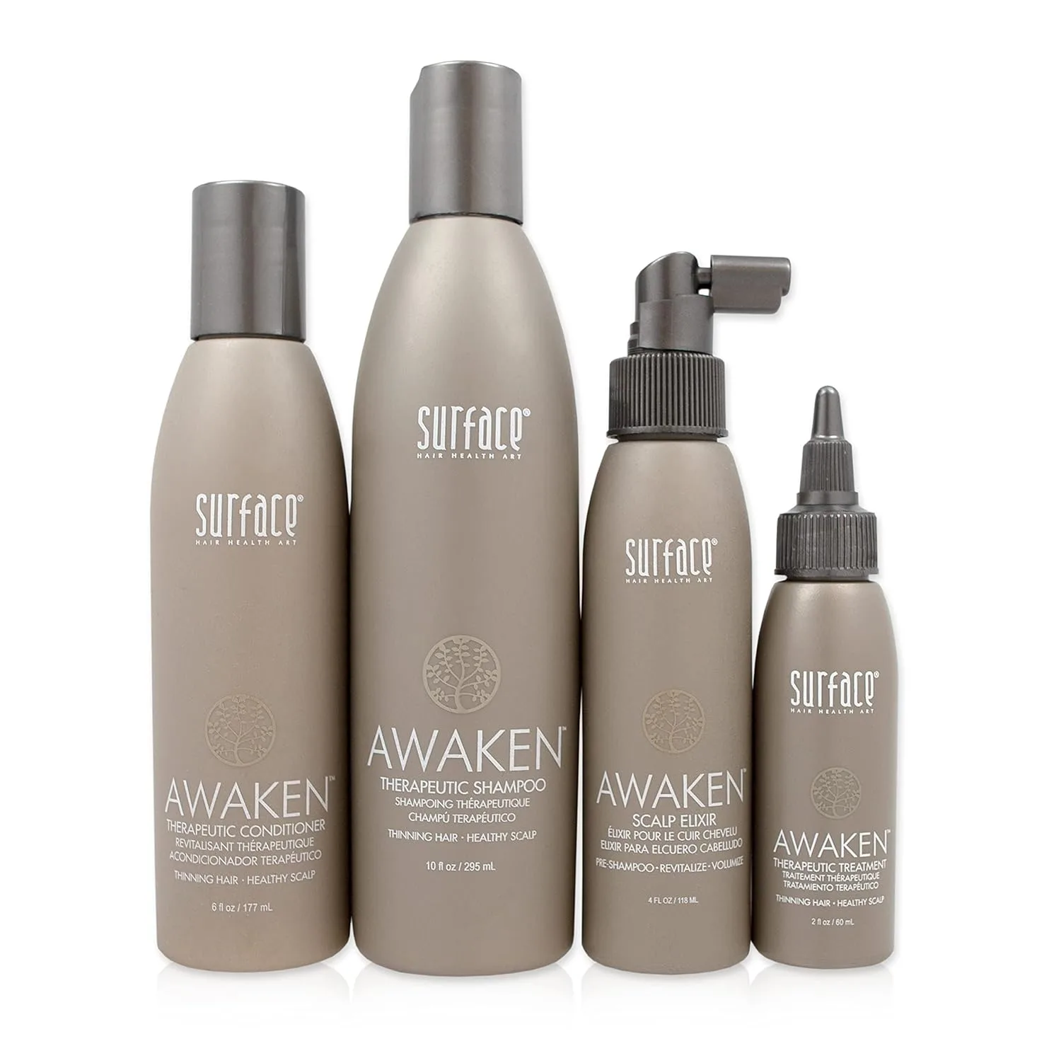 Набор Surface Hair Awaken Kit: шампунь, кондиционер, эликсир для кожи головы и лечебное средство - для тонких волос, выпадения волос и придания им густоты. Набор из 4 штук