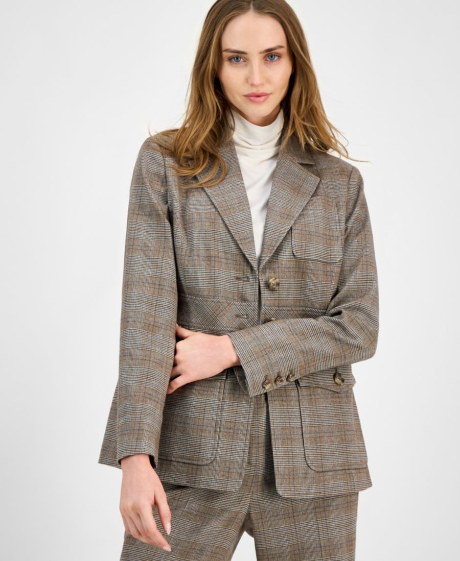 

Женский клетчатый жакет с заостренными лацканами и тремя карманами Anne Klein, Soft Birch