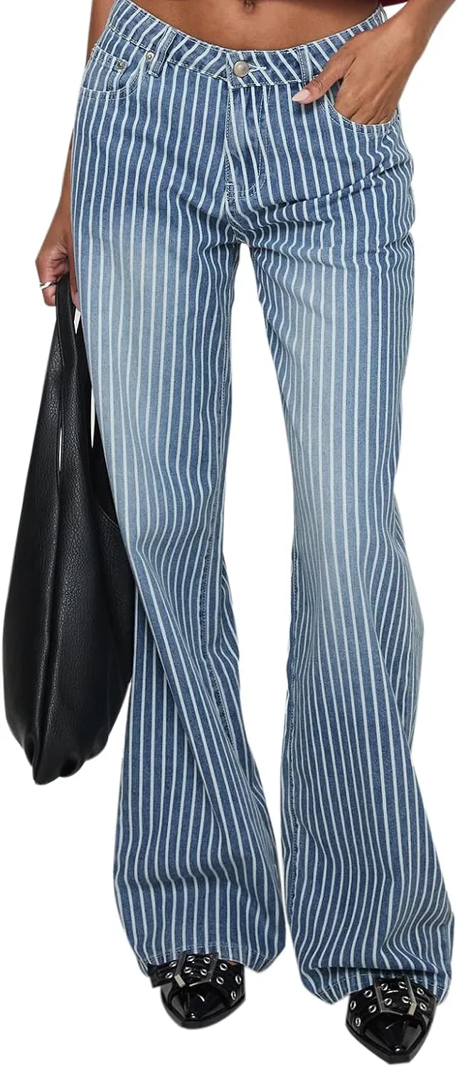 

HOXIJIA Women Y2K джинсы с полосками, широкие, с высокой талией