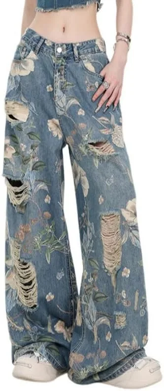 

Джинсы Y2K для женщин в стиле гранж с цветочным принтом Hopecn