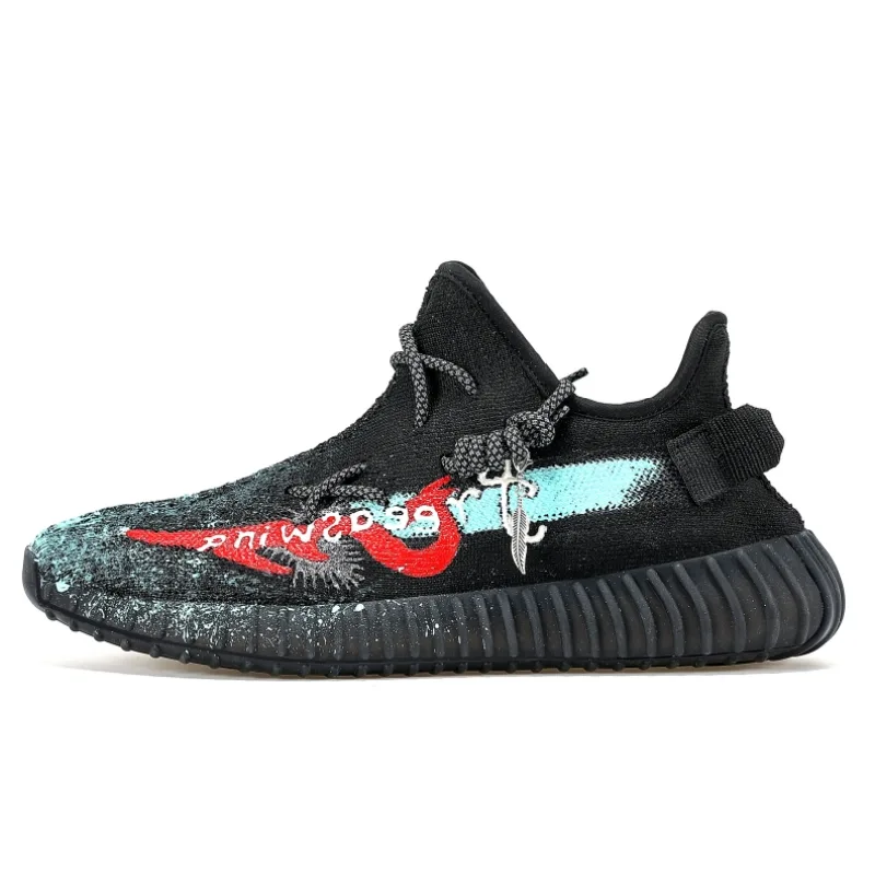 Adidas Originals Yeezy Boost 350 V2 Feather Check Valves, ручная роспись, низкие кроссовки унисекс черные