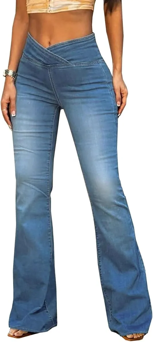 

Женские джинсы с высокой талией и расклешенным низом Vintage Stretchy Denim с кроссоверным поясом и эффектом контроля живота TACSTRUN