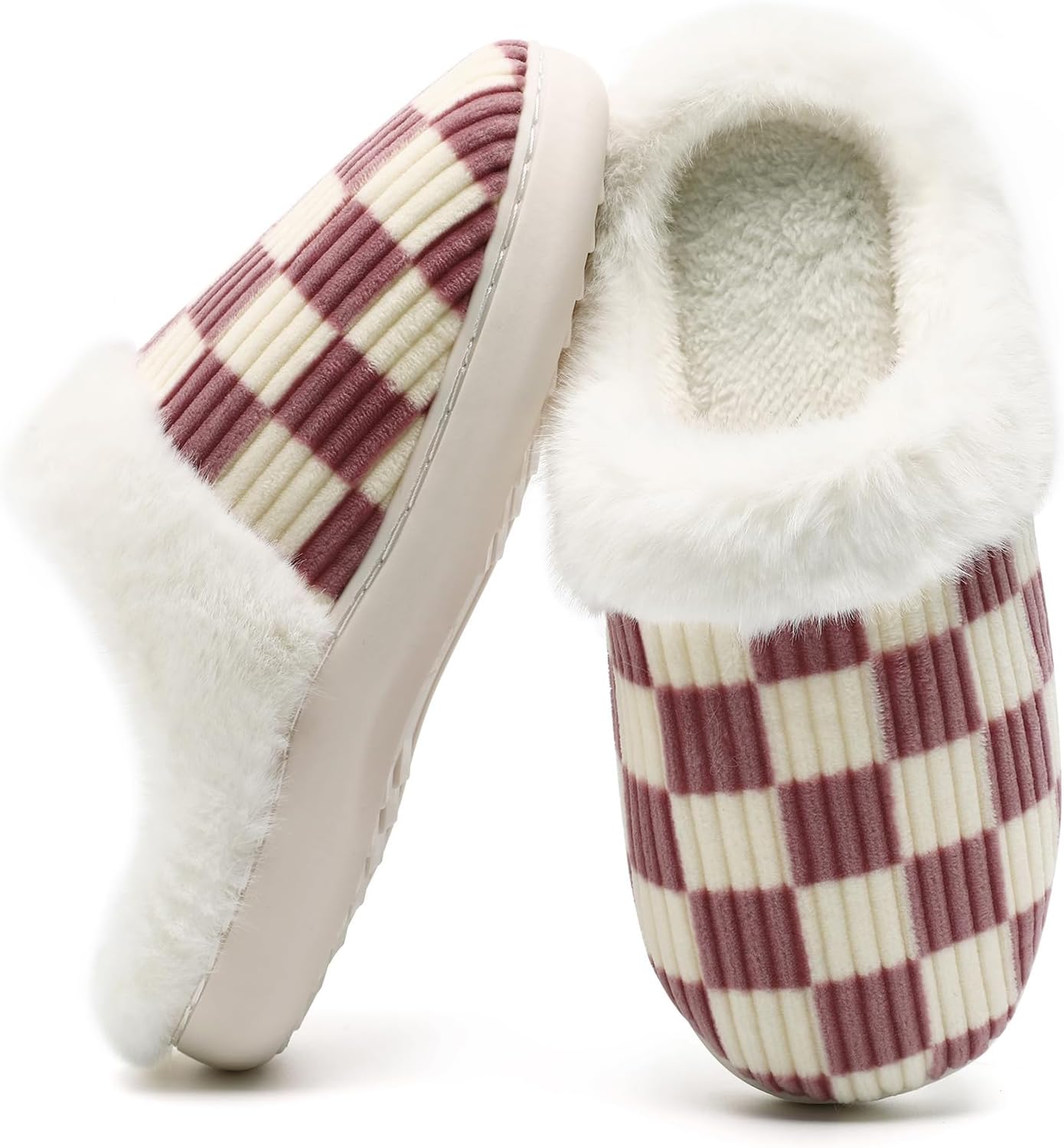 

Домашние тапочки Yueerlu для женщин и мужчин, мягкие клетчатые тапочки для мужчин и женщин с теплой подошвой из мемори-пены, для дома и улицы с подкладкой из искусственного меха, розовый