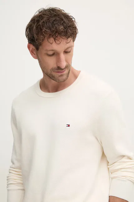 Свитер хлопковый классический Tommy Hilfiger, бежевый — фото 4