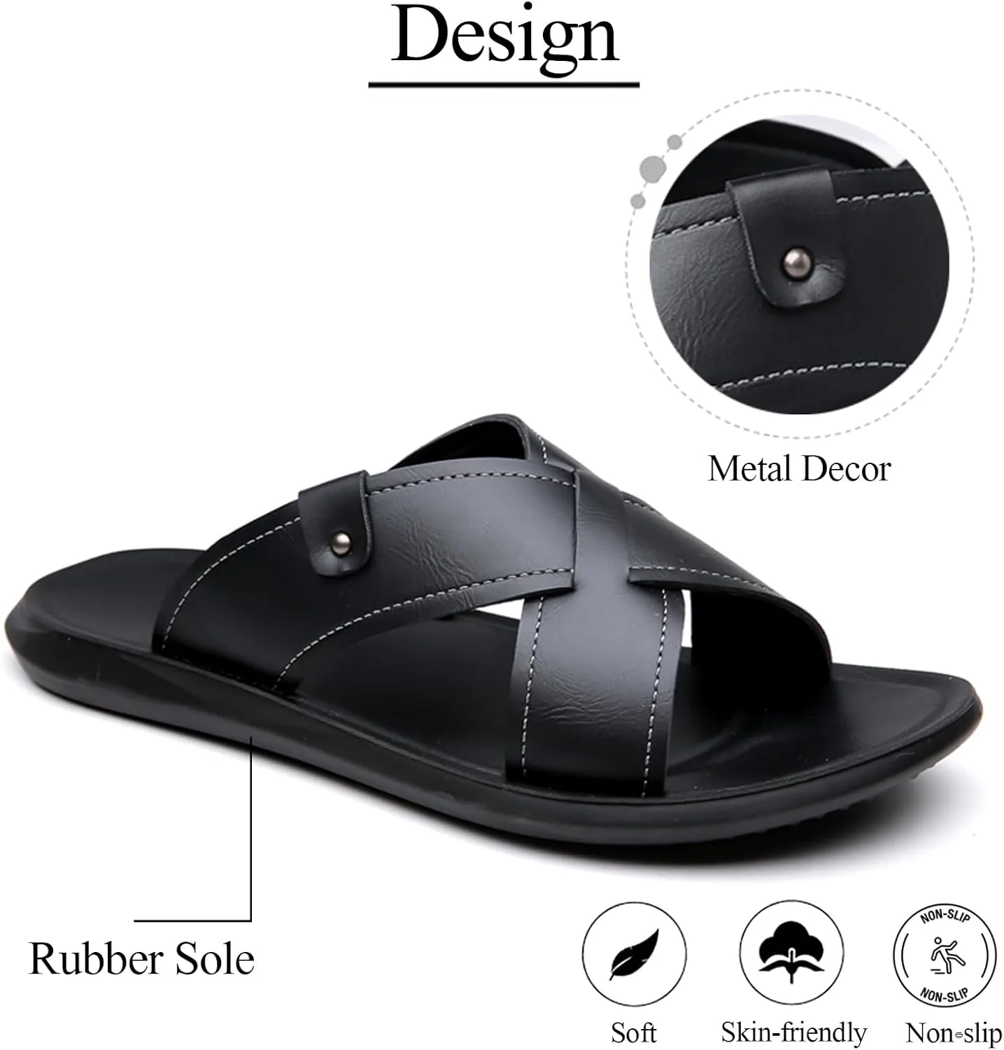 Mens Leather Flat Beach Сандалии Comfort Arch Support Anti Slip Flip Flop Сандалии For Vacation Beach Indoor & Outdoor Daily BANGTEUO, черный — фото 3