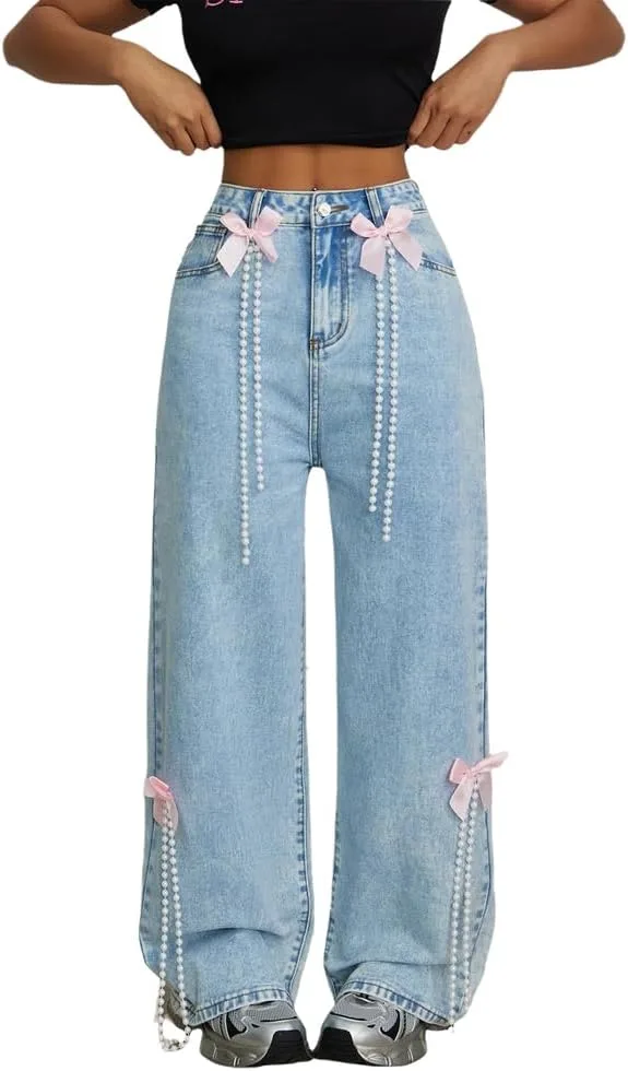 

Женские джинсы Y2K с бантом и жемчужными бусинами, широкие, с высокой талией YADMISU