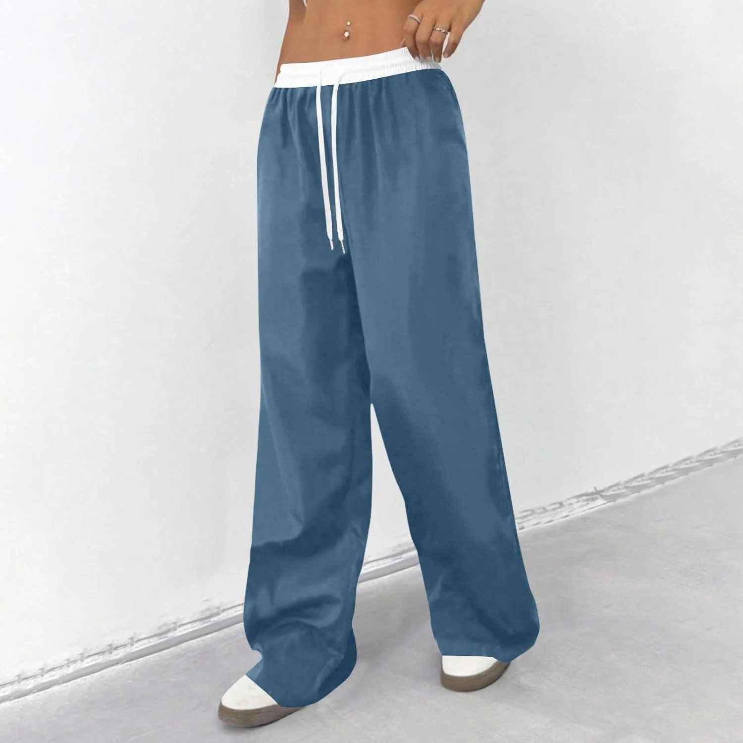 Спортивные штаны женские Wide Leg Baggy с кулиской, цветной блок, Casual Streetwear, для тренировок и отдыха, удобные с карманами Generic, синий — фото 2