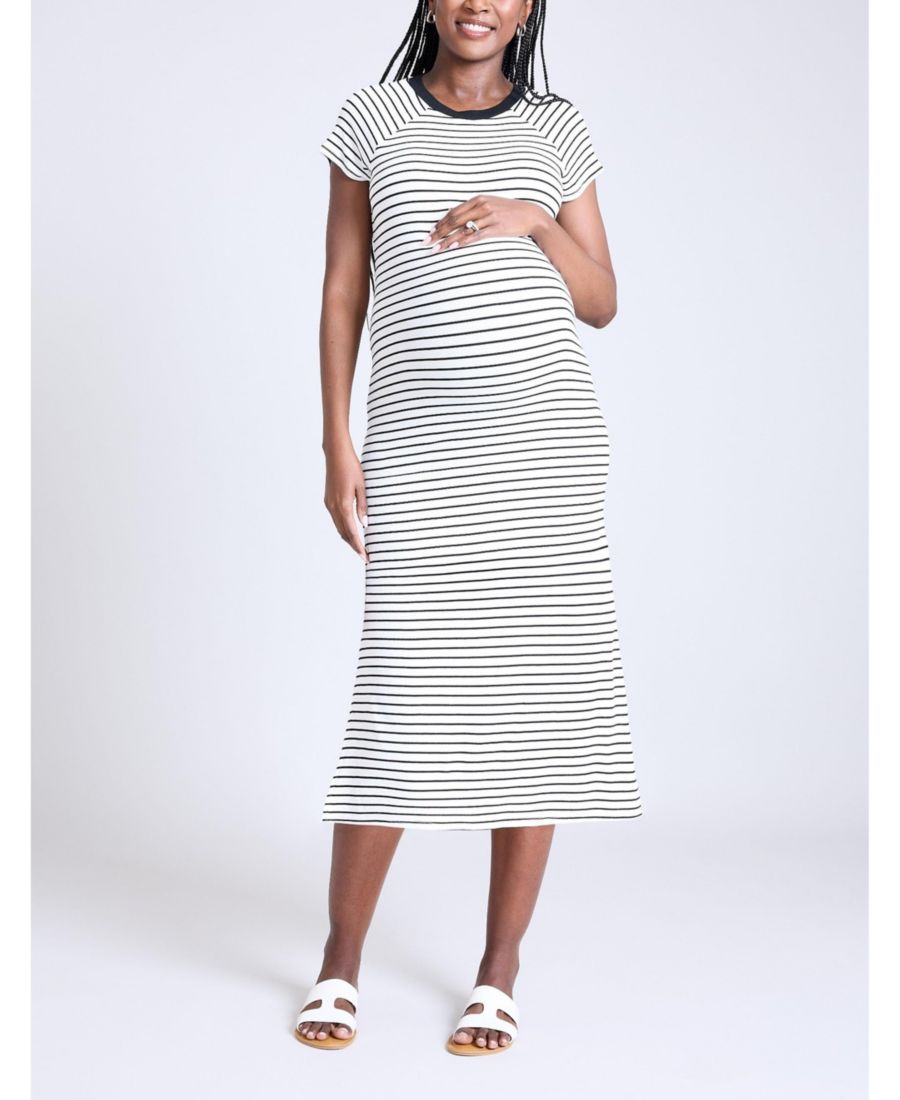 

Платье-миди с короткими рукавами и рукавами реглан для беременных из трикотажа в рубчик - Материнство Motherhood Maternity, White & black stripe