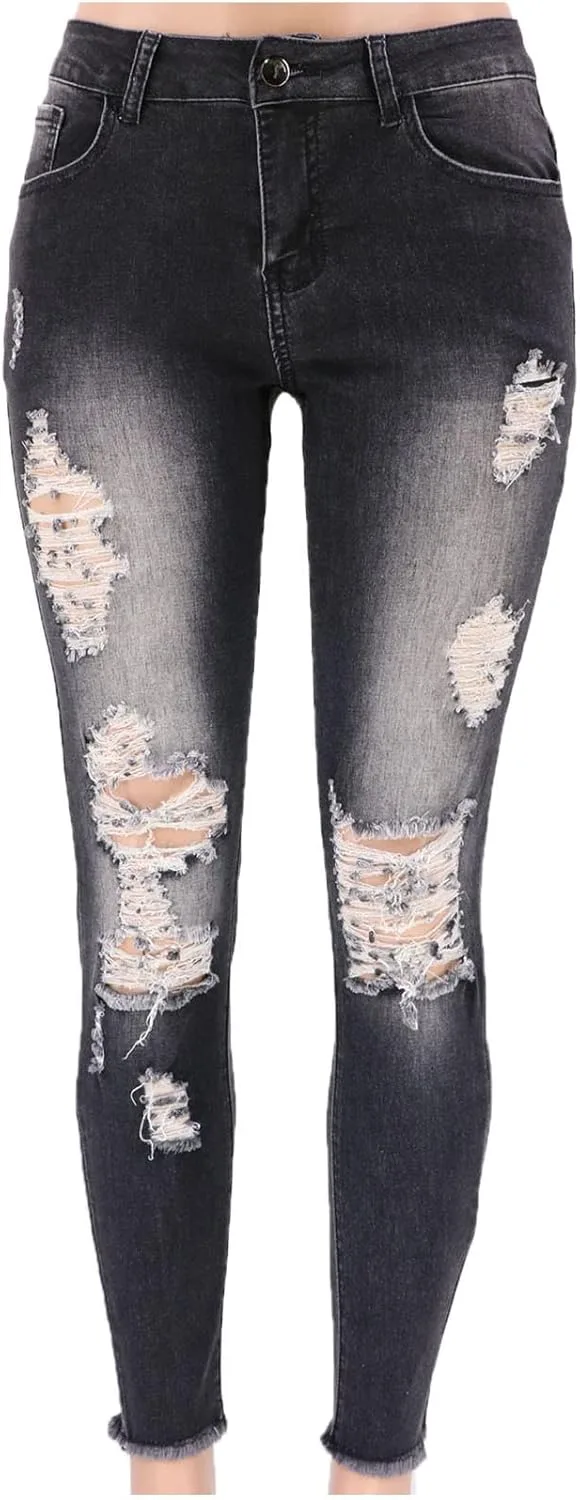 

Женские скинни джинсы Mid Rise с потертостями и разрывами