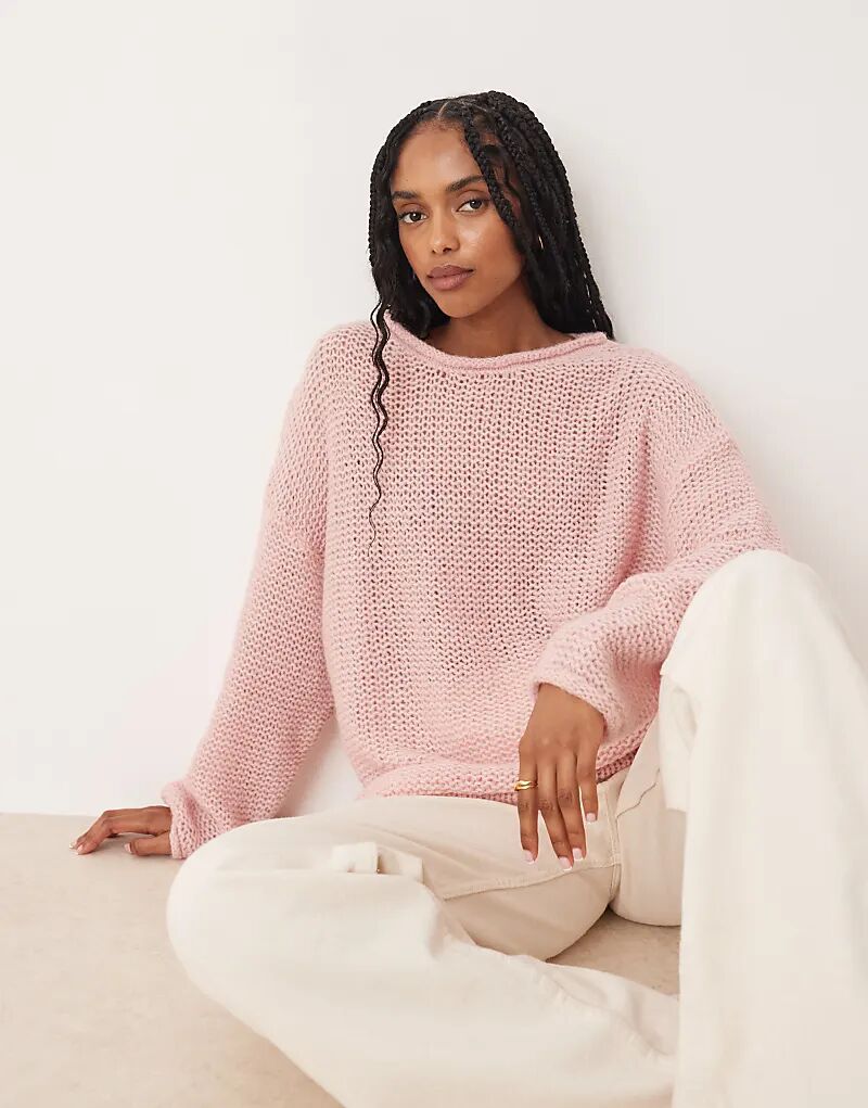 

Джемпер свободной вязки ASOS DESIGN с косой горловиной и подвернутым краем, светло-розовый