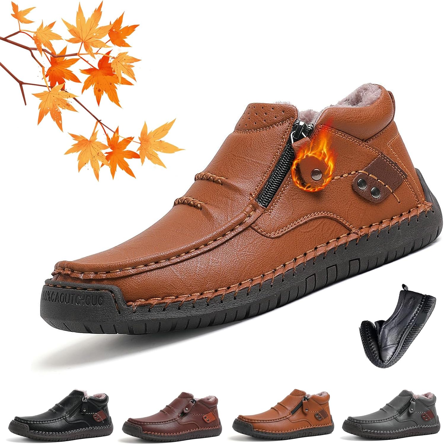 

Мужские удобные кожаные ботинки WXDSTW ручной работы, мужские премиальные кожаные ботинки-слипы для вождения - широкий носок, поддержка свода стопы, легкие, удобные, водонепроницаемые, нескользящие ботинки на боковой молнии, светло-коричневый