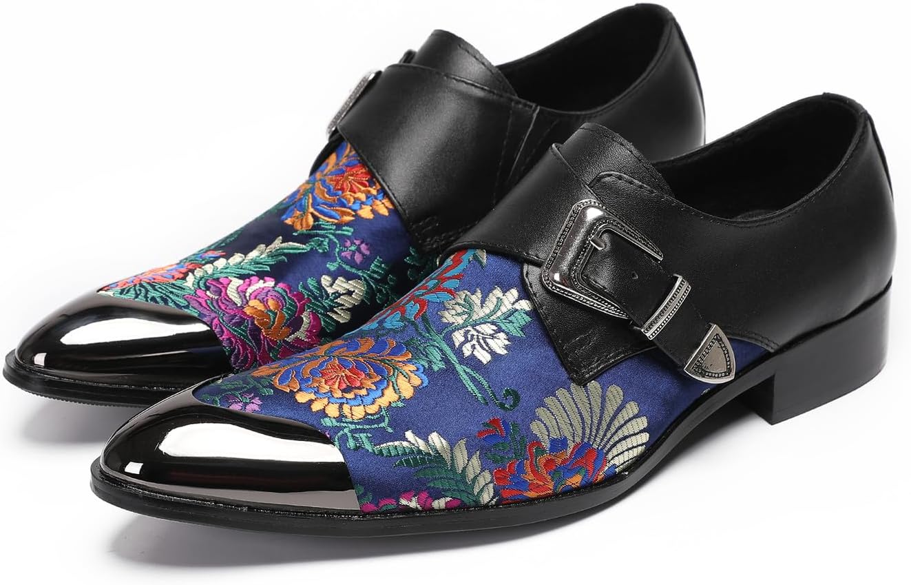 

Мужские лоферы Santimon с ремешком-монком - вечерние повседневные кожаные туфли с цветочной вышивкой - двухцветные мокасины для бальных вечеринок, диско и свадеб, синий