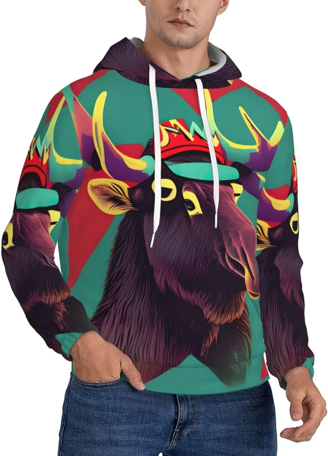 

Мужская флисовая толстовка с капюшоном и карманом, с принтом лося SamLng