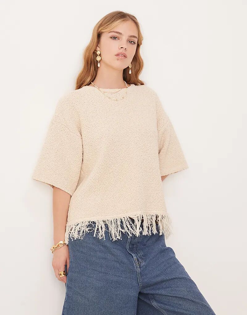 

Футболка ASOS DESIGN премиум-класса с бахромой по низу, кремового цвета