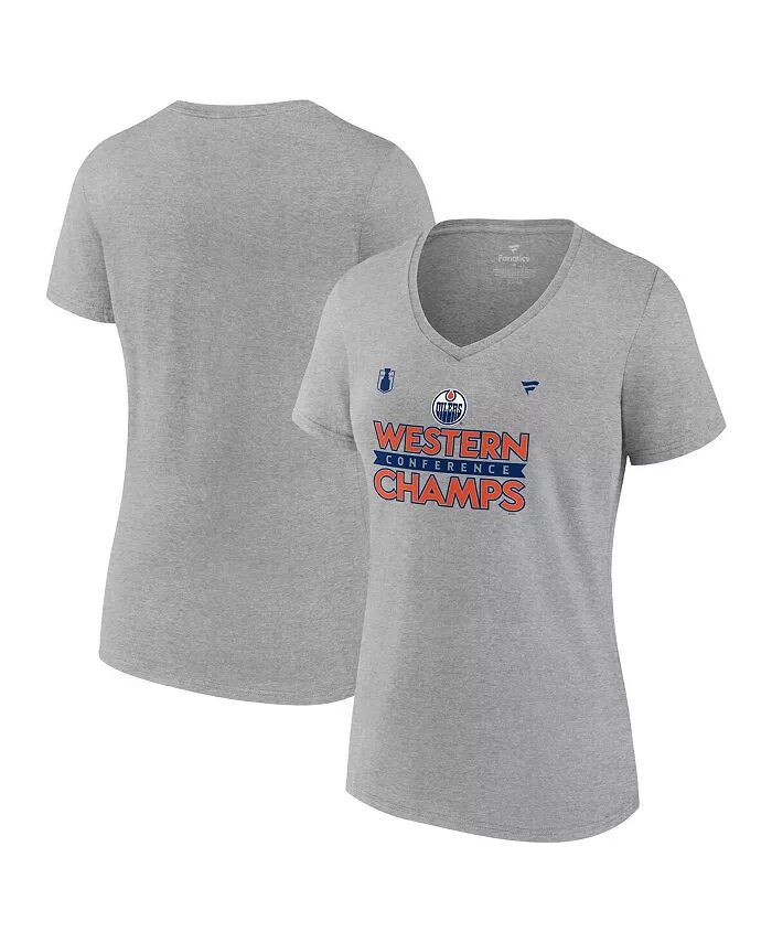 

Женская футболка Steel Edmonton Oilers 2024 Western Conference Champions Locker Room с V-образным вырезом Fanatics