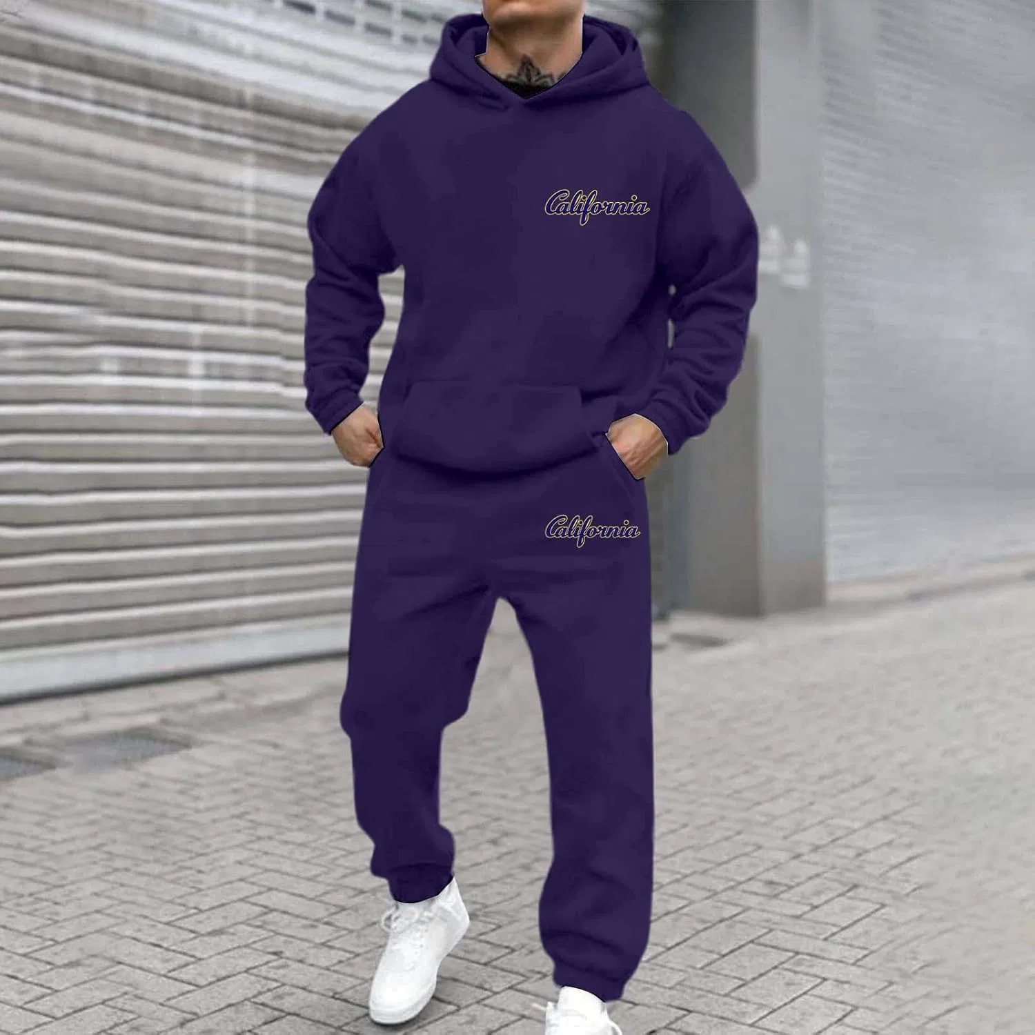 Мужской спортивный костюм из 2 предметов с капюшоном и штанами, Vintage California, A02-dark Purple — фото 2