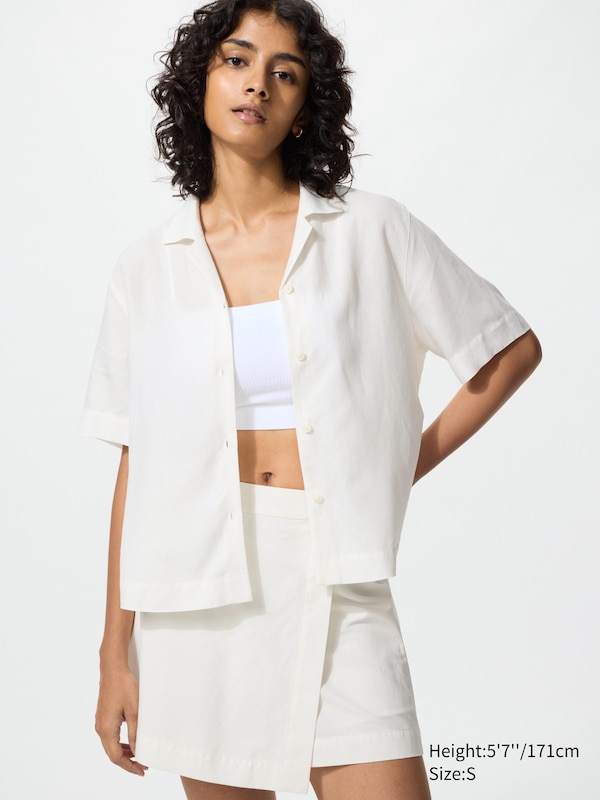 

Рубашка из смесового льна с открытым воротником, короткий рукав Uniqlo, 01 off white