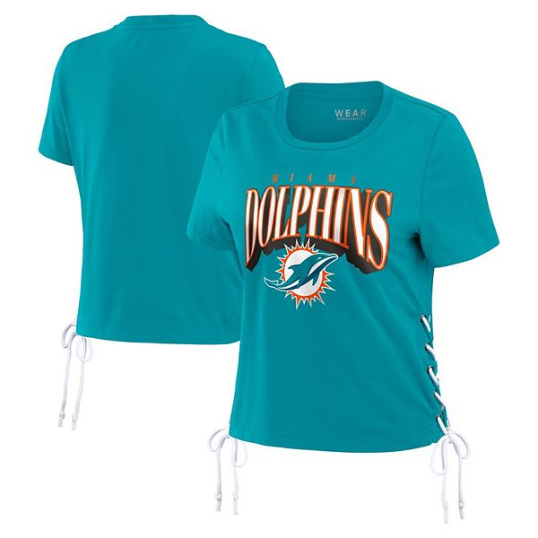 

Женская футболка Aqua Miami Dolphins с кружевной шнуровкой и скромным кроем Wear By Erin Andrews