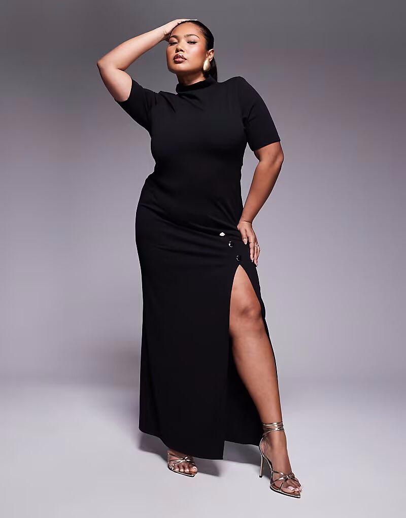

Платье-футляр макси ASOS DESIGN Curve с высоким воротом, короткими рукавами и большой золотой пуговицой с разрезом черного цвета ASOS Curve