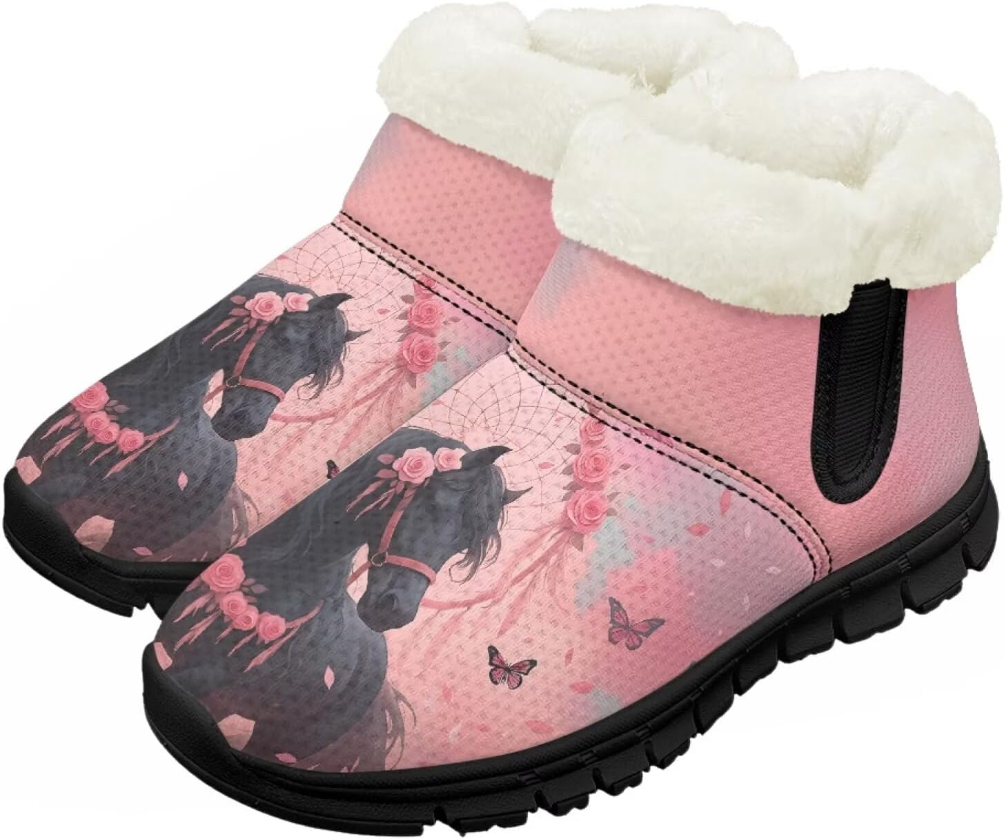 

Детские зимние ботинки, теплые, с противоскользящей подошвой, с амортизирующей мемори-пеной, спортивные, без шнурков, для бега и треккинга, зимние кроссовки Pointodoor, Black Horse Butterfly